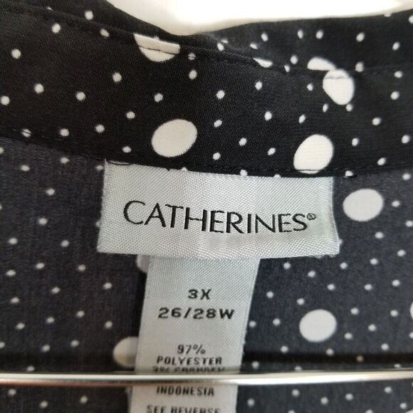Catherine's Women Plus Polca Dot Button Up Shirt Sz 3X Black White 3/4 Sleeve - Picture 7 of 8